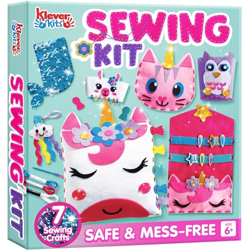 Klever Kits 7 Sewing Projects- My First Kids Sewing Kit- Easy DIY Arts and Crafts for Girls, Craft Kits, Birthday Gifts for Kids Aged 6+, Unicorn and Mermaid Pillow