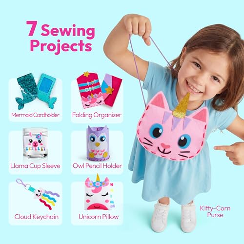 Klever Kits 7 Sewing Projects- My First Kids Sewing Kit- Easy DIY Arts and Crafts for Girls, Craft Kits, Birthday Gifts for Kids Aged 6+, Unicorn and Mermaid Pillow