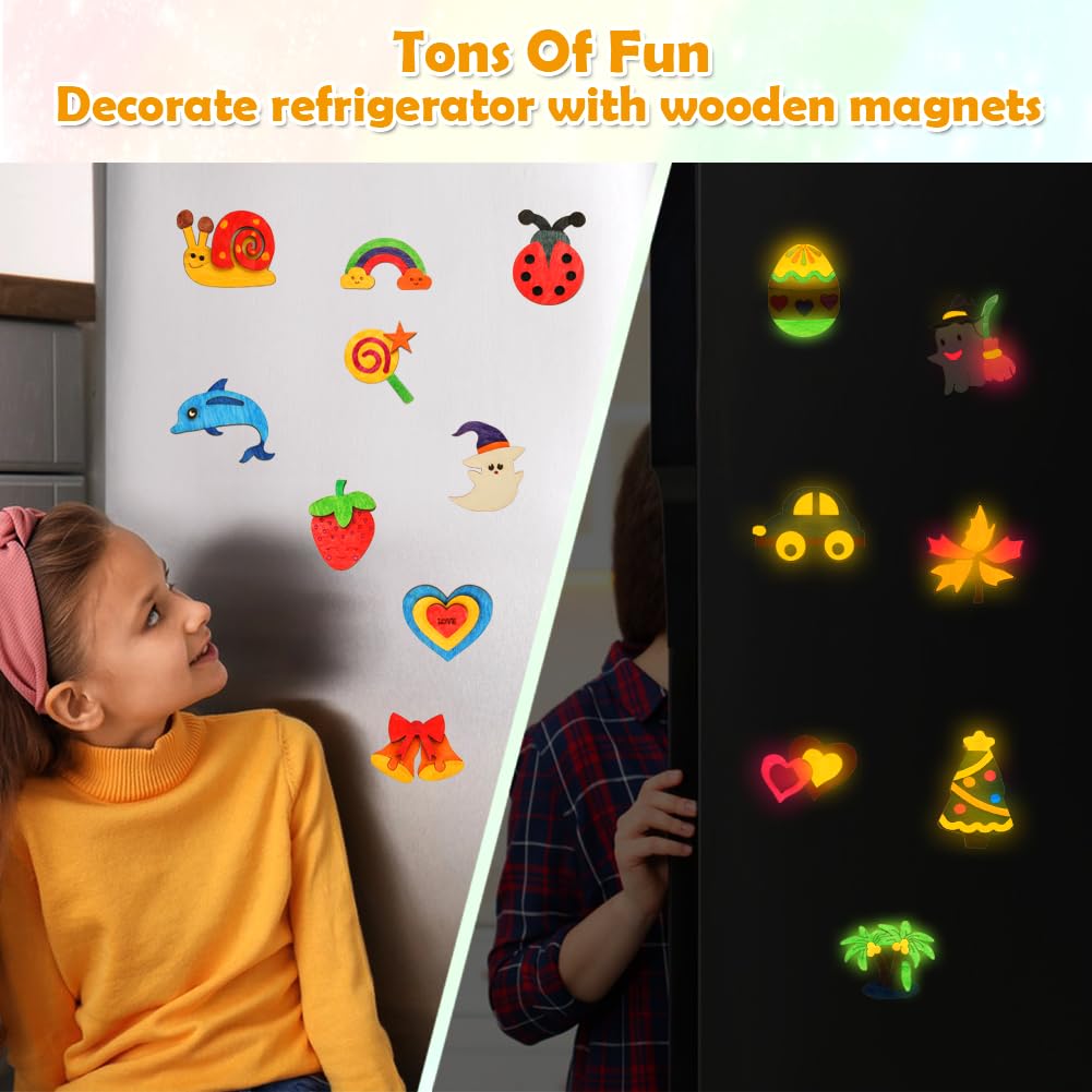 48 Pcs DIY Wooden Magnets, Wooden Art Craft Supplies Painting Kit for Kids