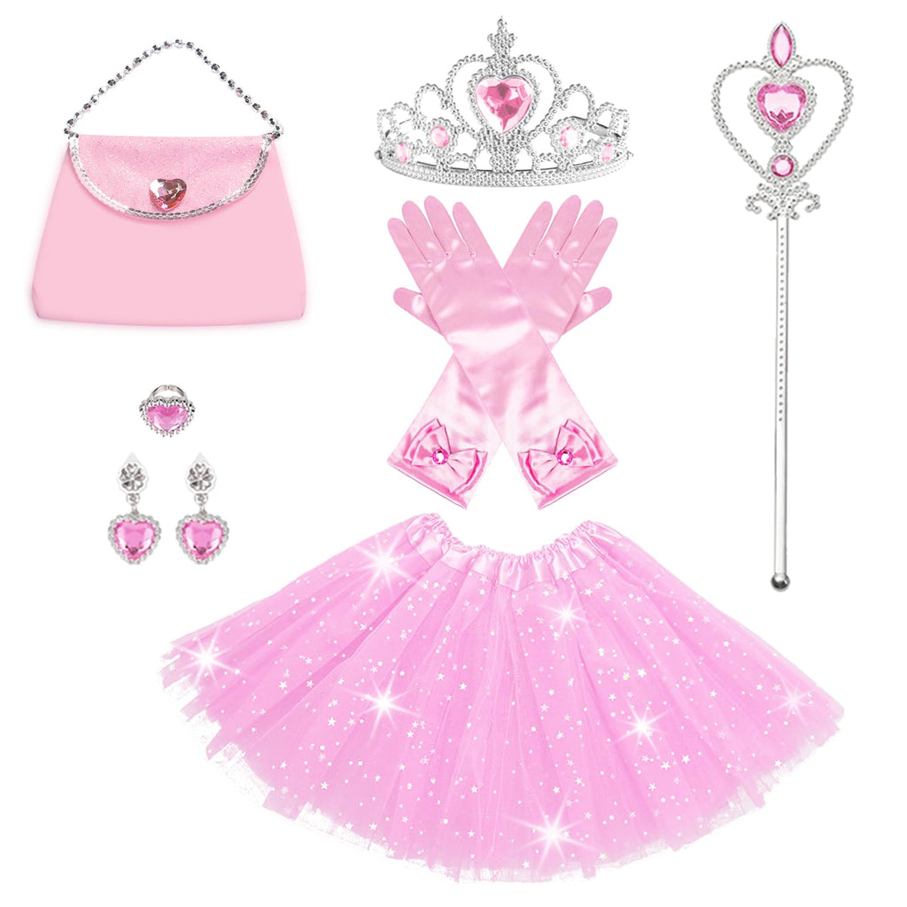 AHLPO Princess Dress Up Accessories Tulle Skirt Toddler Tutu Costume Toys with Princess Crown Gloves Wand Earrings Ring Handbag 9pcs Girl Role Play Gift Set Birthday Party Favors for 3-8 Years Girls