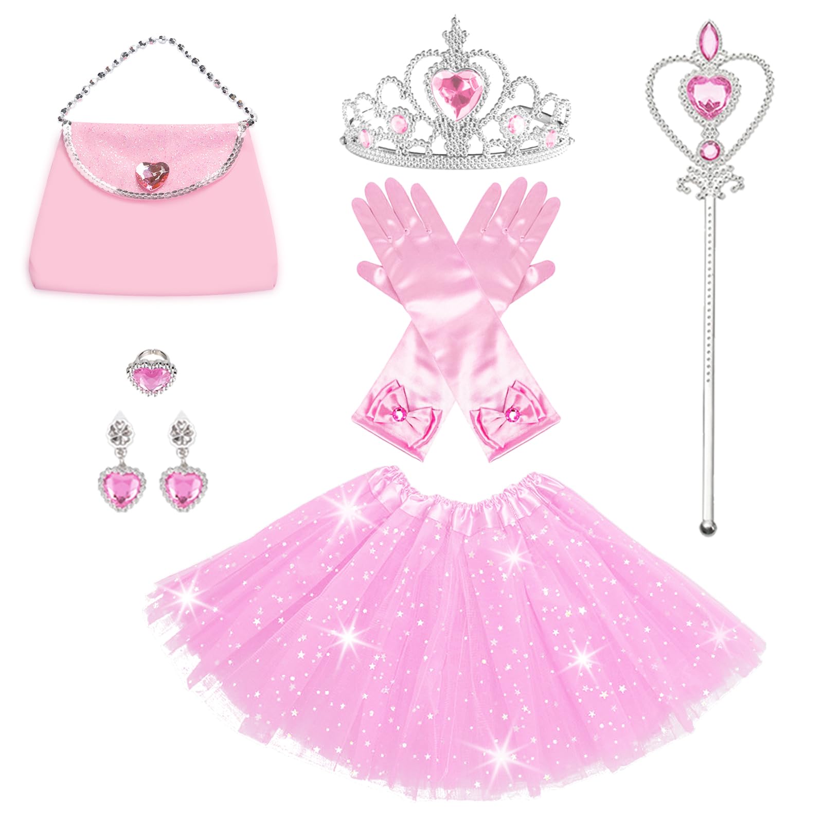 AHLPO Princess Dress Up Accessories Tulle Skirt Toddler Tutu Costume Toys with Princess Crown Gloves Wand Earrings Ring Handbag 9pcs Girl Role Play Gift Set Birthday Party Favors for 3-8 Years Girls
