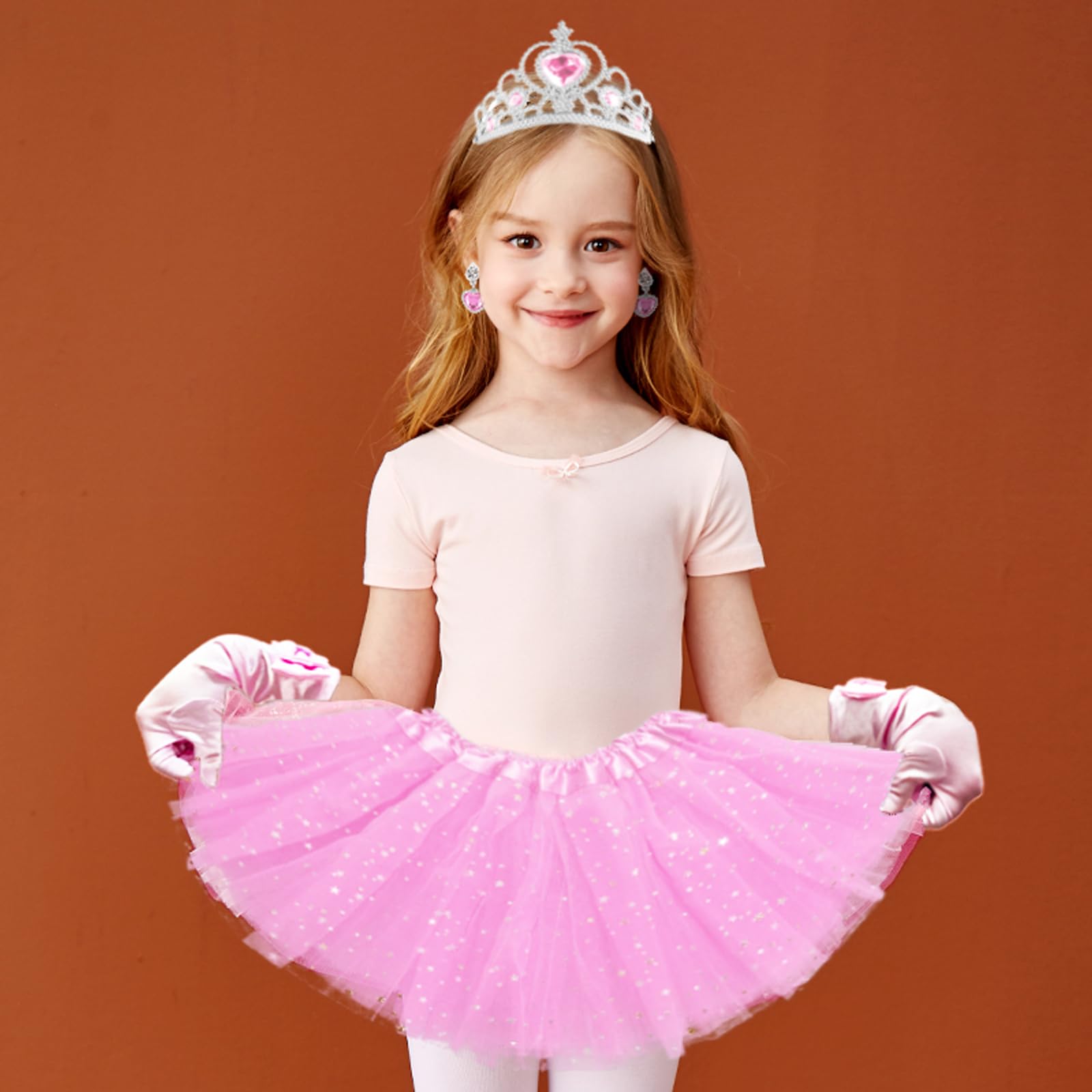 AHLPO Princess Dress Up Accessories Tulle Skirt Toddler Tutu Costume Toys with Princess Crown Gloves Wand Earrings Ring Handbag 9pcs Girl Role Play Gift Set Birthday Party Favors for 3-8 Years Girls