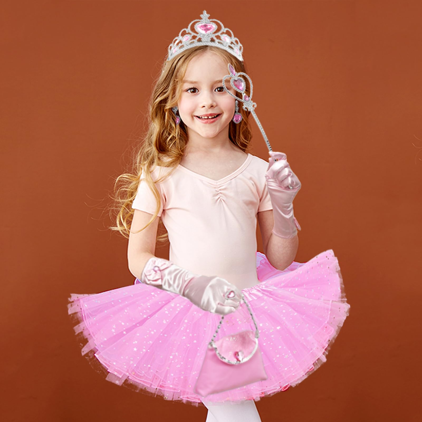 AHLPO Princess Dress Up Accessories Tulle Skirt Toddler Tutu Costume Toys with Princess Crown Gloves Wand Earrings Ring Handbag 9pcs Girl Role Play Gift Set Birthday Party Favors for 3-8 Years Girls