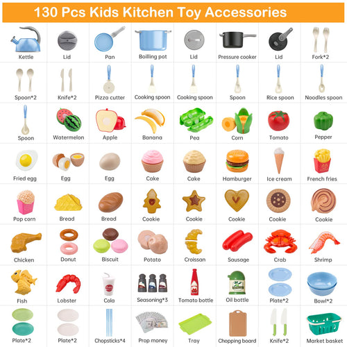 130Pcs Kitchen Playset, Toddler Pretend Cooking Play Pots, Pans, Utensils Cookware, Daily Food Fruit Veges, Shopping Storage Basket, Dessert, Prop Money, Learning Gift for Child (Blue)