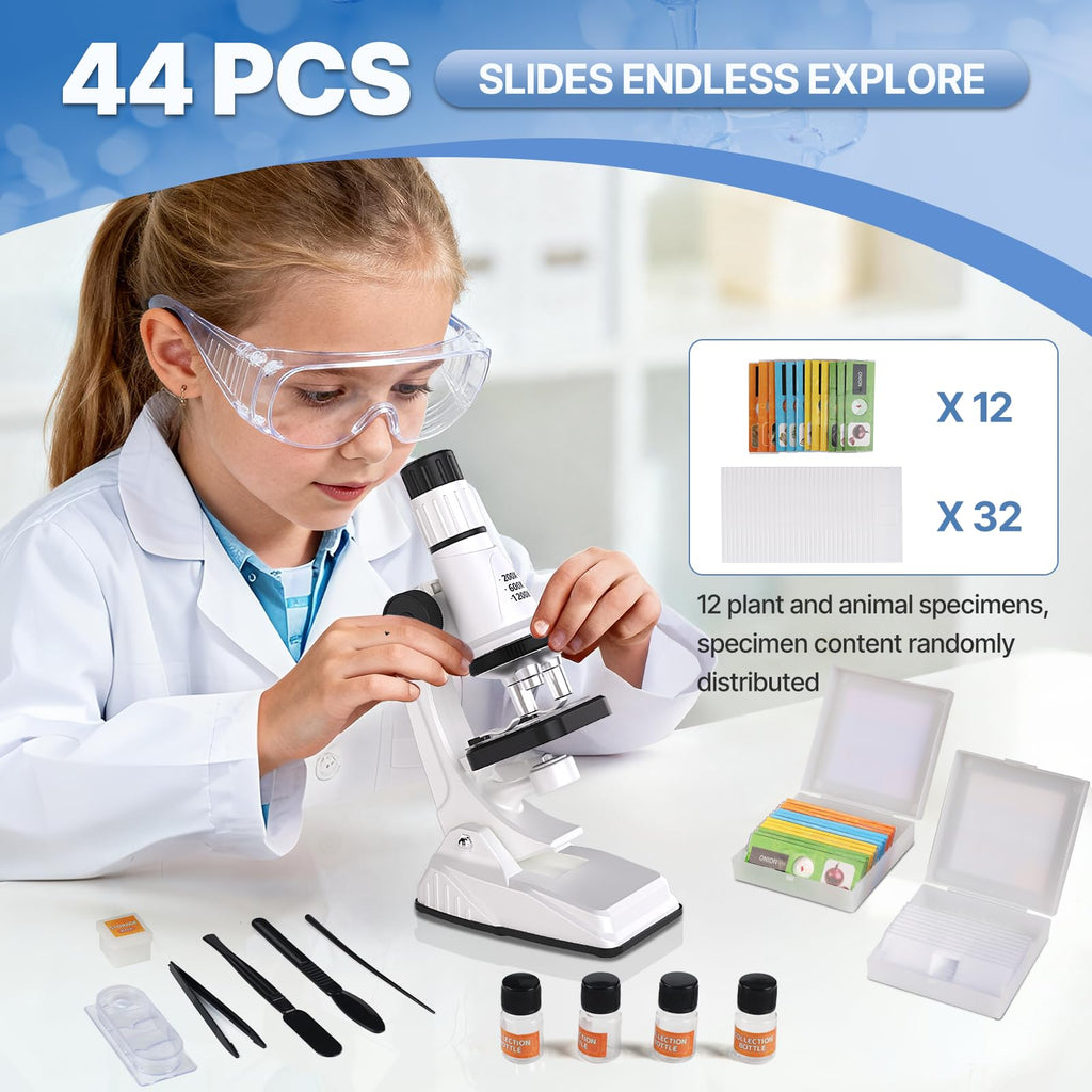 Kids Microscope Kit, 100X-1200X Magnification with LED Light | Durable Metal Body, Slides & Carrying Box | STEM Biology Science Kit, Educational Gift for Children Ages 6-12