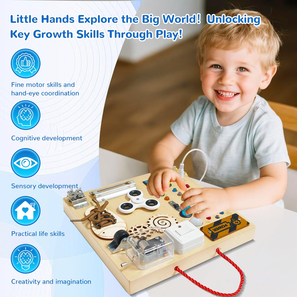 Busy Board, Montessori Toy for 1-4 Years Old, Ideal Gift for 1+ Year Old Children Wooden Toddler Sensory Travel Toy, (Busy Board Plus V3)