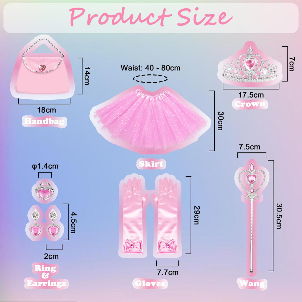 AHLPO Princess Dress Up Accessories Tulle Skirt Toddler Tutu Costume Toys with Princess Crown Gloves Wand Earrings Ring Handbag 9pcs Girl Role Play Gift Set Birthday Party Favors for 3-8 Years Girls