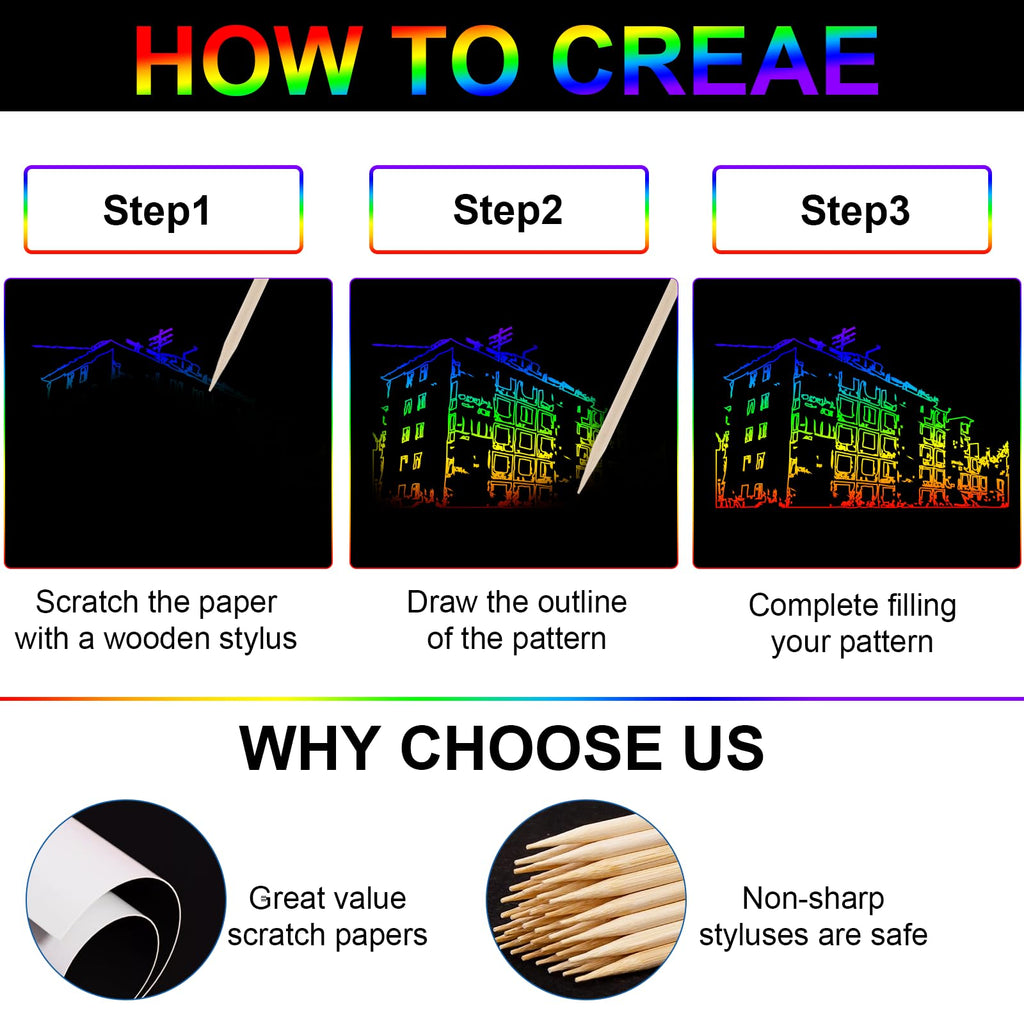 Cityrosy Scratch Art Paper Rainbow Sets- Black Scratch Off Paper for Kids Magic Rainbow Scratch Off Set Crafts Supplies Kits for Age 3-12 Kids for Party Games Easter Christmas Birthday Gift
