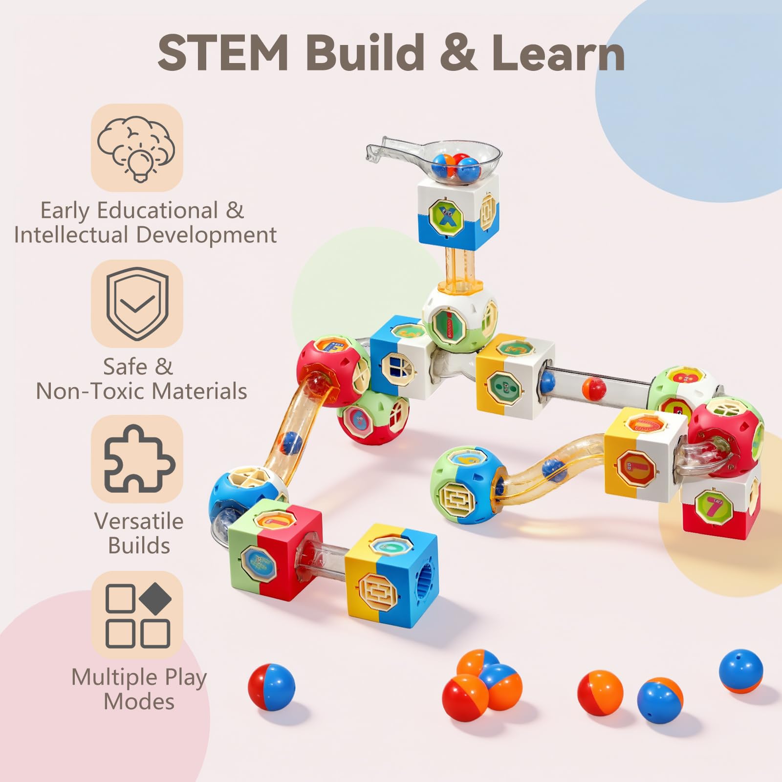 130 PCS Marble Run Building Blocks, STEM Educational Marble Maze Toy, DIY Rolling Ball Race Track Game, Safe Thick ABS Construction, Ideal Birthday for Boys Girls