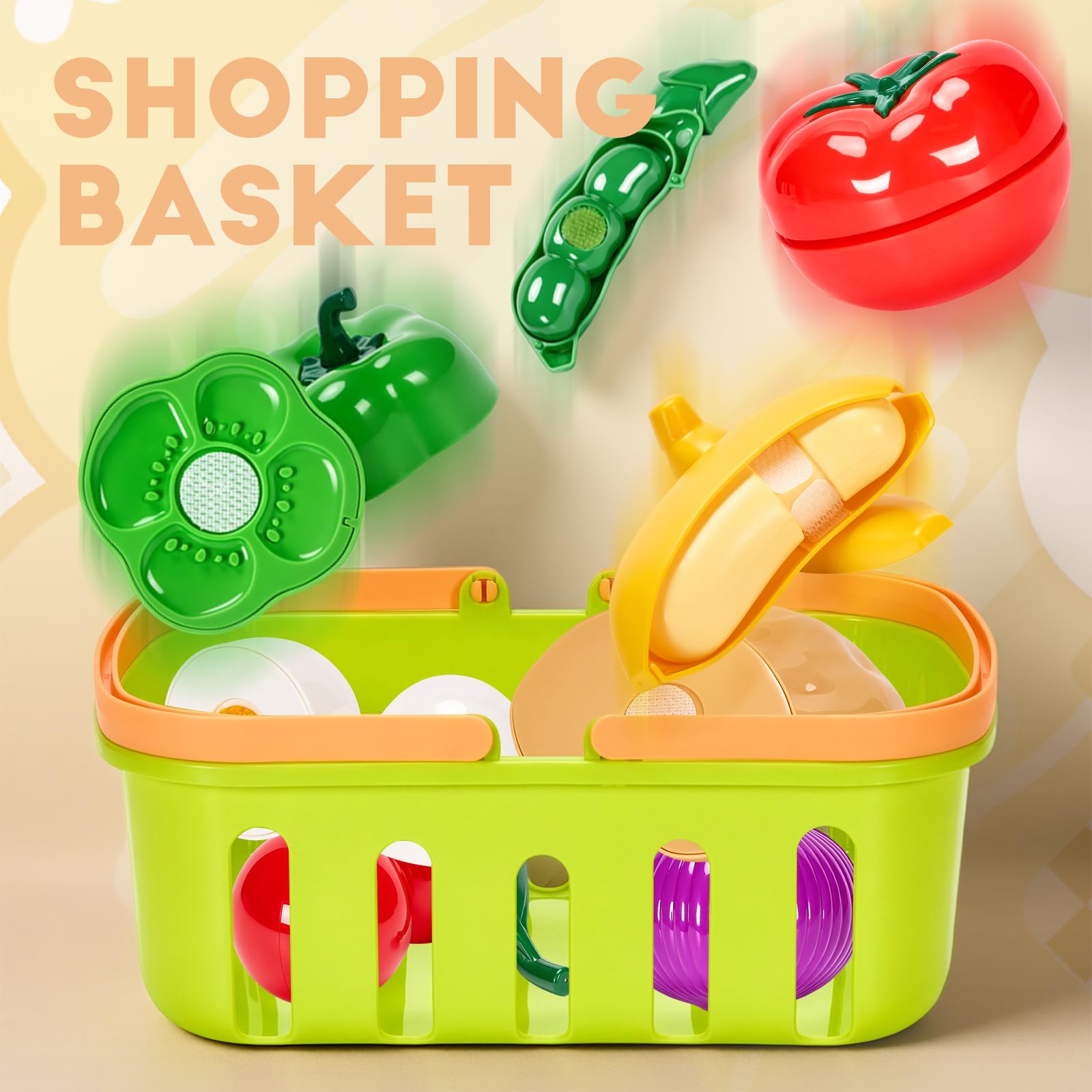 Cutting Play Food Toys, Pretend Play Kitchen Accessories, Fake Fruits/Vegetables Cards, Shopping Storage Baskets, Birthday Gift, Educational Toy for Toddler Children