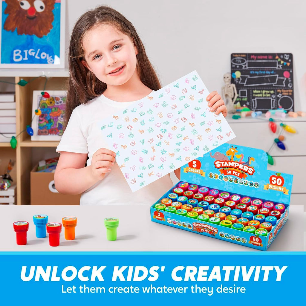 JOYIN 50 Pcs Stamps for Kid, Self-Ink Stamps with 50 Designs for Birthday Party Favor, Carnival Prizes, School Stampers, Goodie Bag