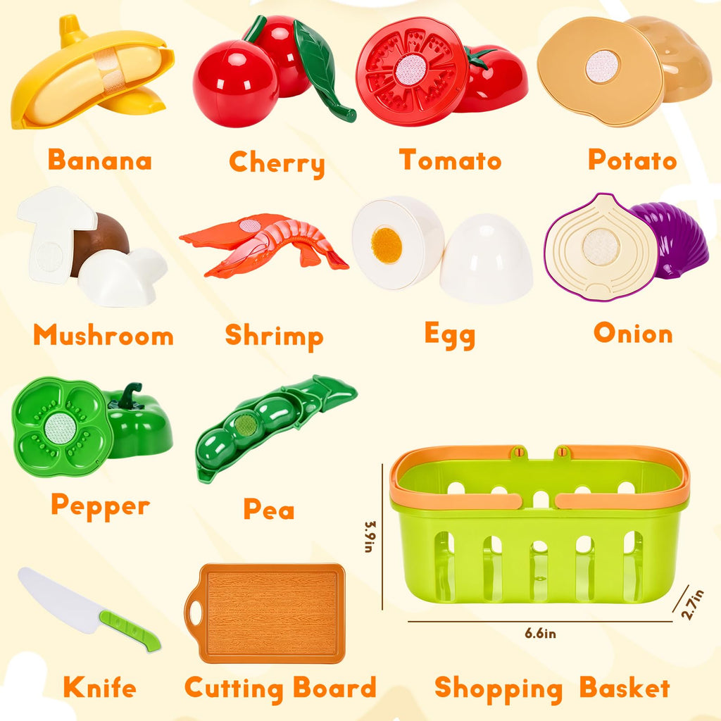 Cutting Play Food Toys, Pretend Play Kitchen Accessories, Fake Fruits/Vegetables Cards, Shopping Storage Baskets, Birthday Gift, Educational Toy for Toddler Children