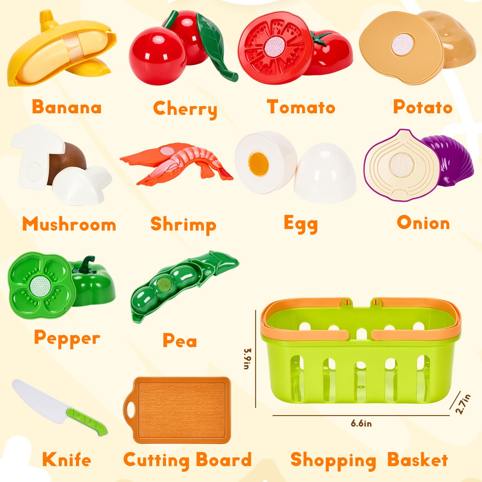 Cutting Play Food Toys, Pretend Play Kitchen Accessories, Fake Fruits/Vegetables Cards, Shopping Storage Baskets, Birthday Gift, Educational Toy for Toddler Children