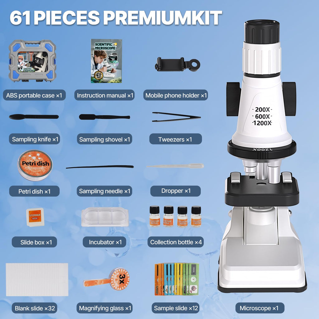 Kids Microscope Kit, 100X-1200X Magnification with LED Light | Durable Metal Body, Slides & Carrying Box | STEM Biology Science Kit, Educational Gift for Children Ages 6-12