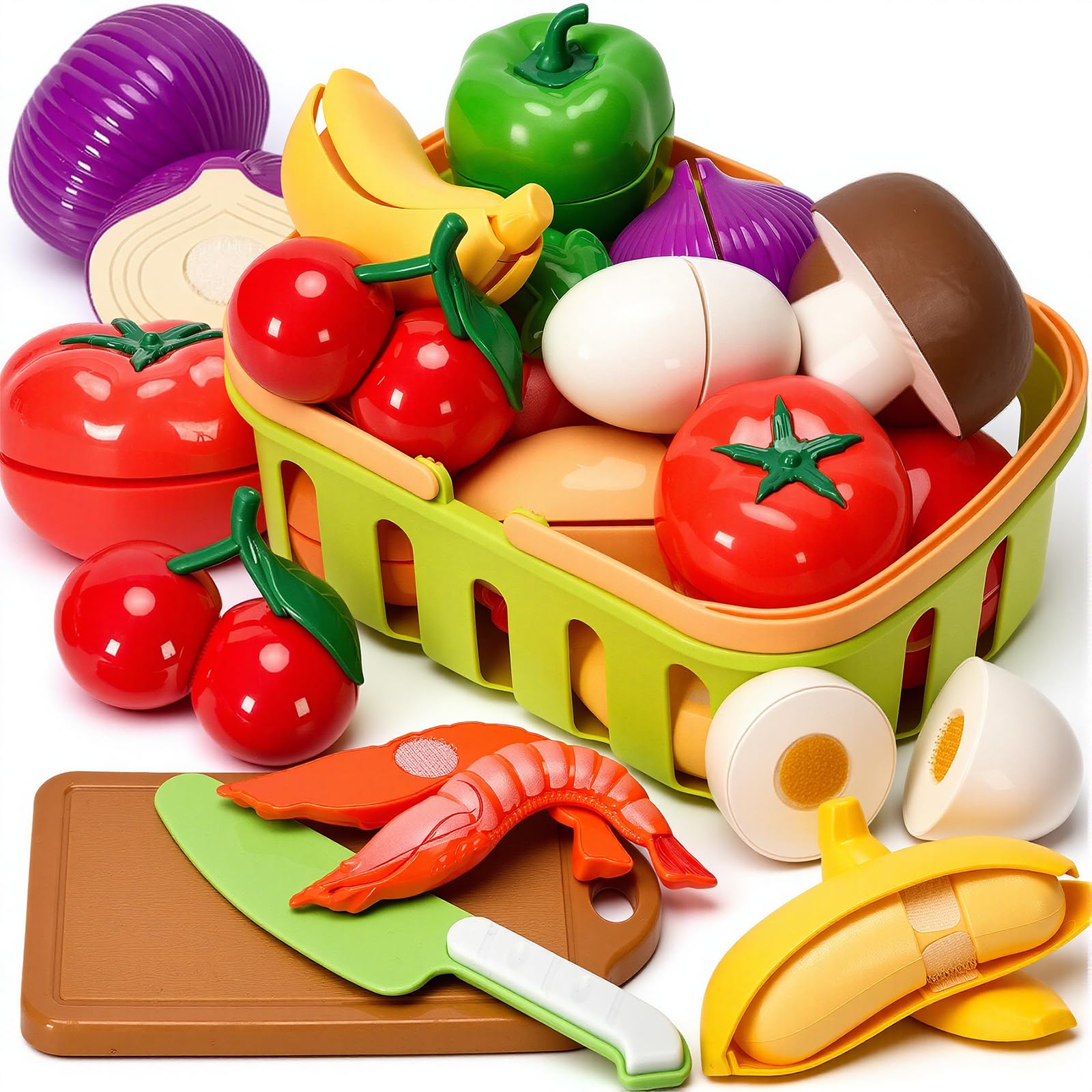 Cutting Play Food Toys, Pretend Play Kitchen Accessories, Fake Fruits/Vegetables Cards, Shopping Storage Baskets, Birthday Gift, Educational Toy for Toddler Children