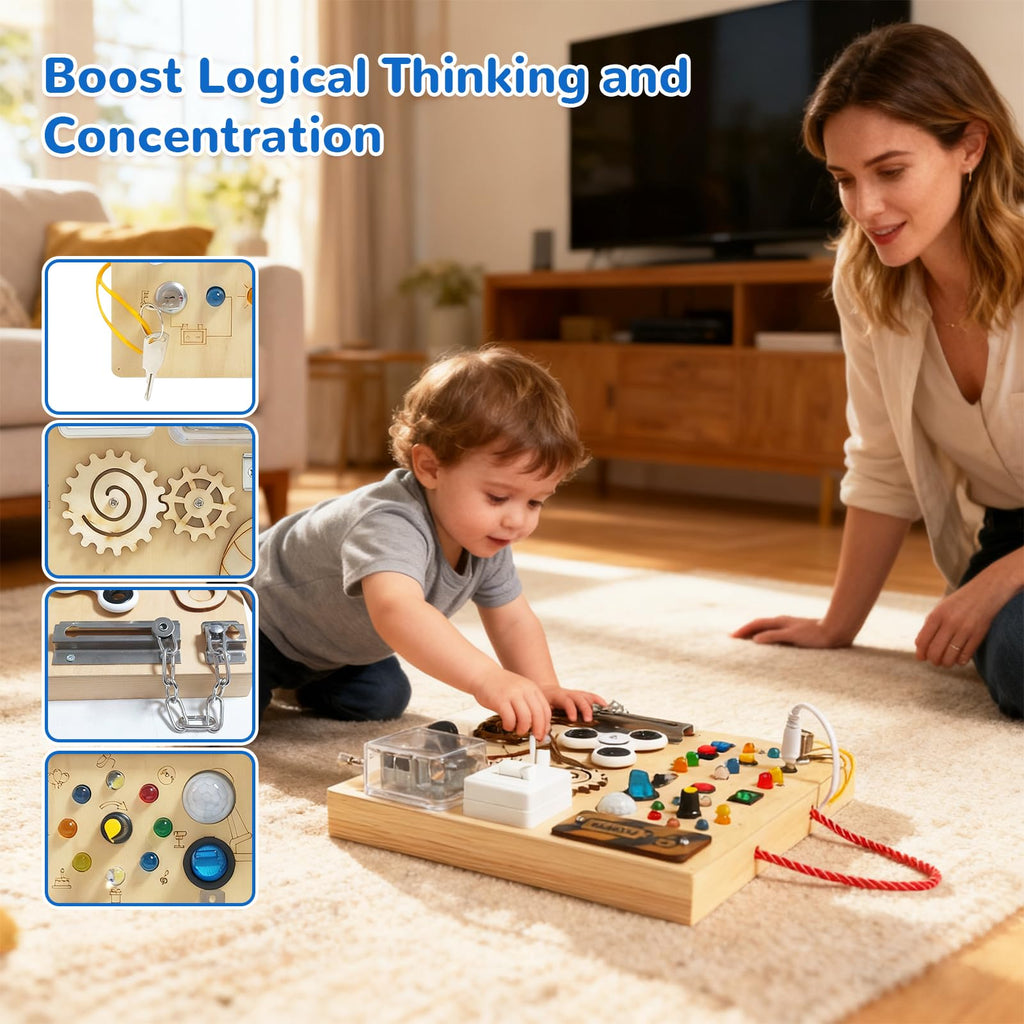 Busy Board, Montessori Toy for 1-4 Years Old, Ideal Gift for 1+ Year Old Children Wooden Toddler Sensory Travel Toy, (Busy Board Plus V3)