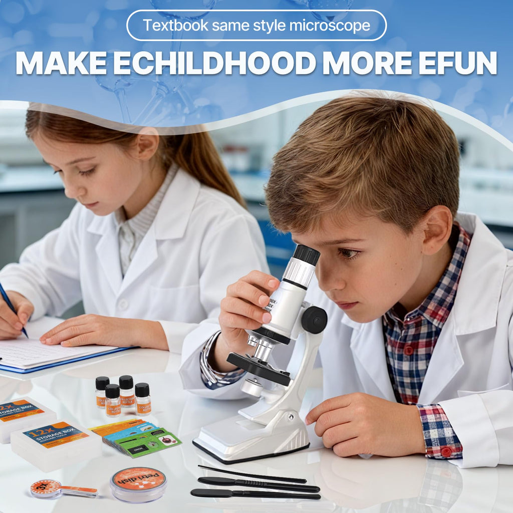 Kids Microscope Kit, 100X-1200X Magnification with LED Light | Durable Metal Body, Slides & Carrying Box | STEM Biology Science Kit, Educational Gift for Children Ages 6-12