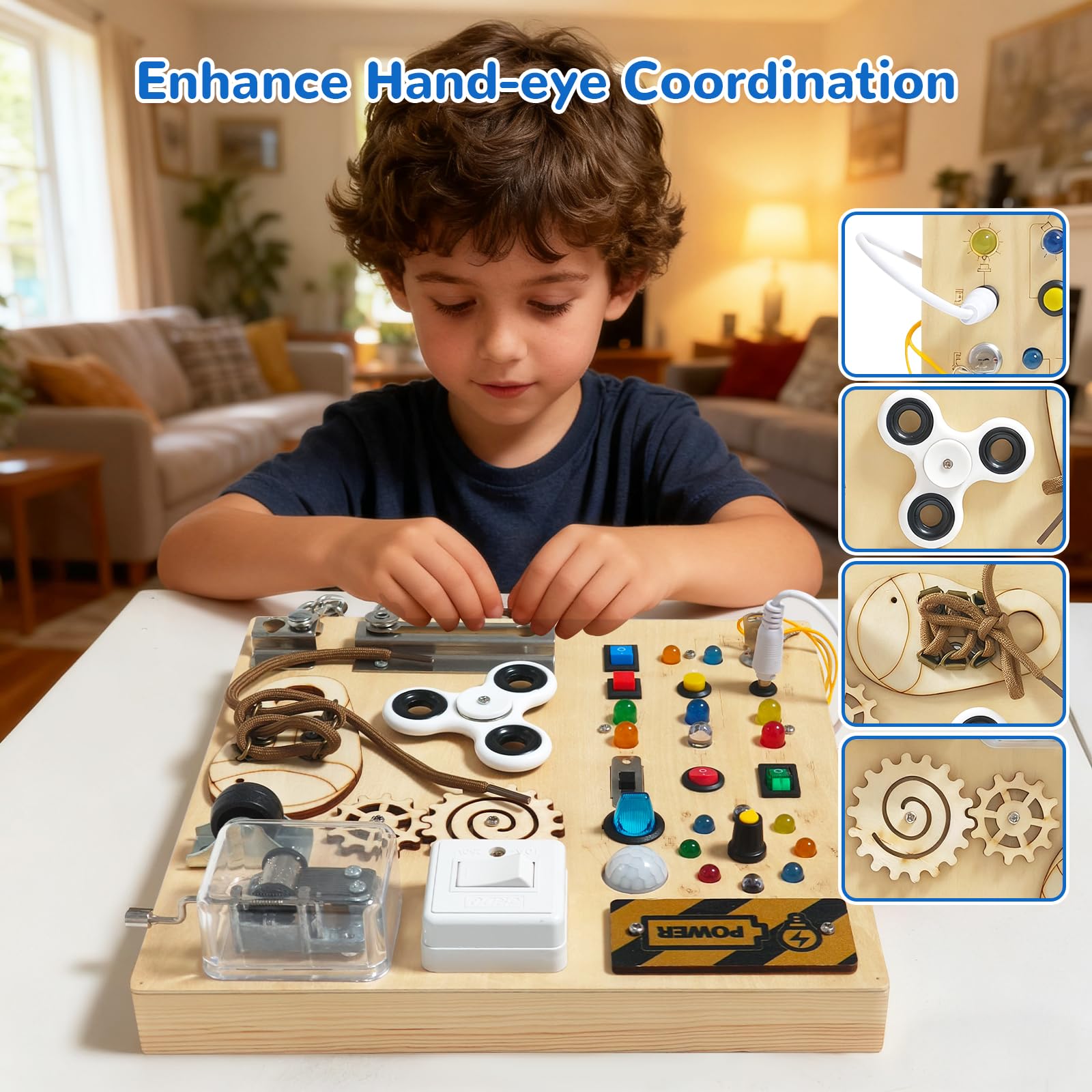 Busy Board, Montessori Toy for 1-4 Years Old, Ideal Gift for 1+ Year Old Children Wooden Toddler Sensory Travel Toy, (Busy Board Plus V3)