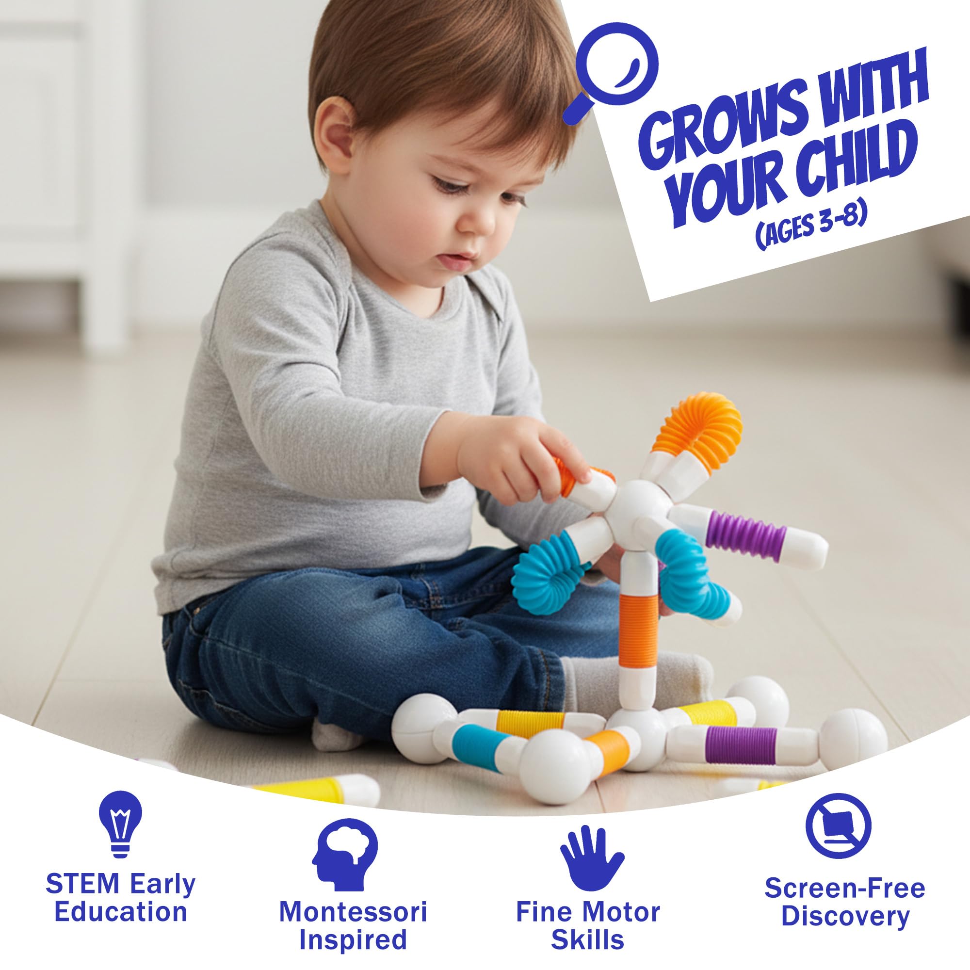 ROHSCE Magnetic Building Sticks Blocks for Toddlers 1-3 - Montessori Sensory Toys for 3 4 5 6 Year Old Boys & Girls