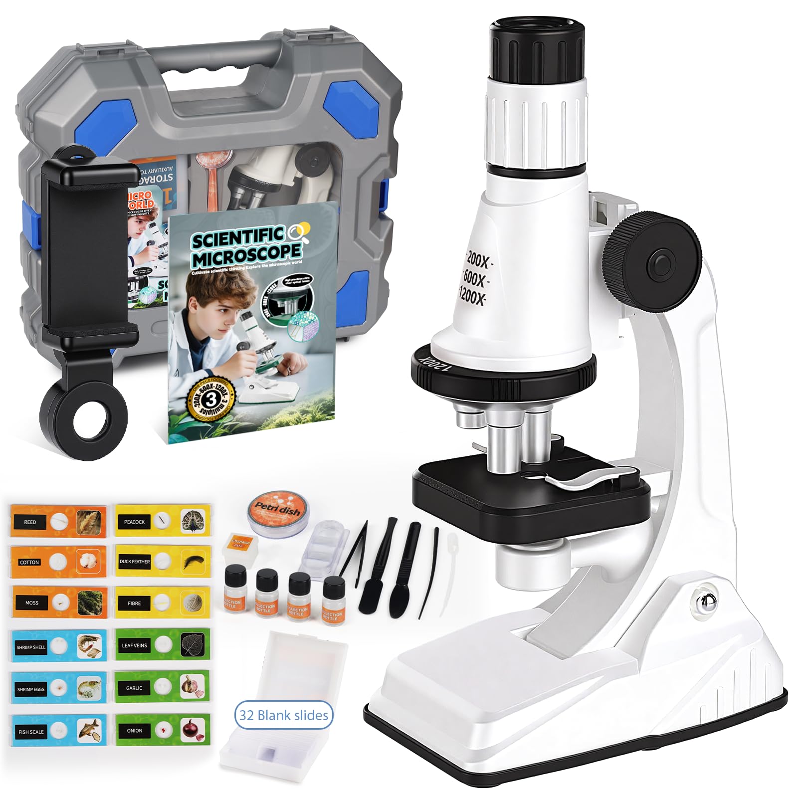 Kids Microscope Kit, 100X-1200X Magnification with LED Light | Durable Metal Body, Slides & Carrying Box | STEM Biology Science Kit, Educational Gift for Children Ages 6-12