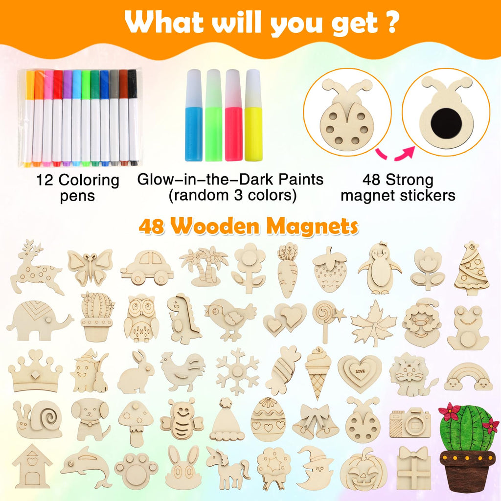 48 Pcs DIY Wooden Magnets, Wooden Art Craft Supplies Painting Kit for Kids