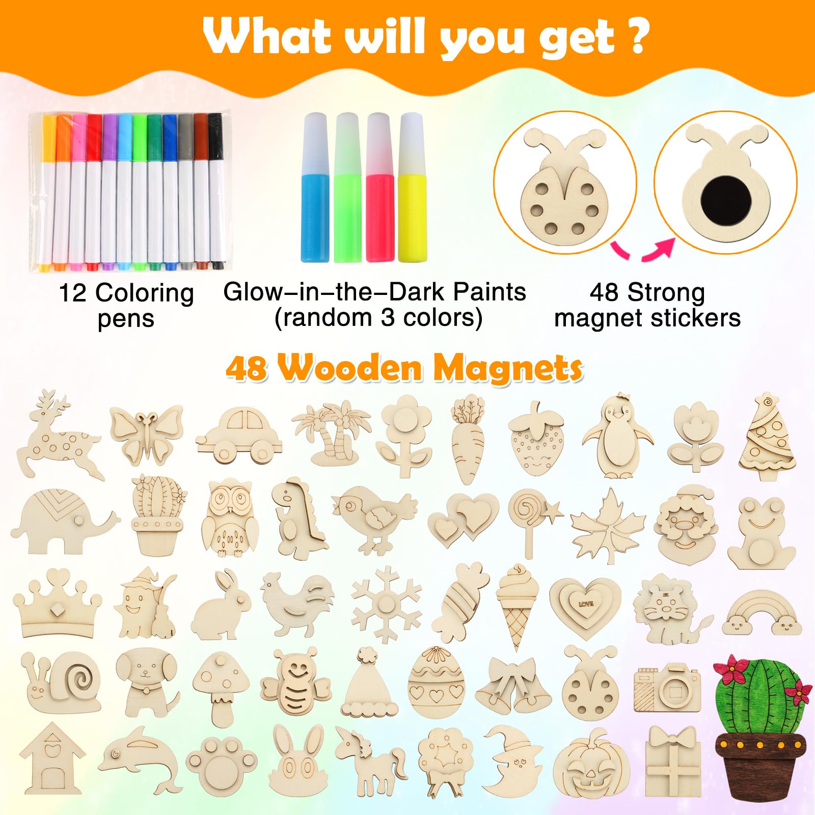 48 Pcs DIY Wooden Magnets, Wooden Art Craft Supplies Painting Kit for Kids