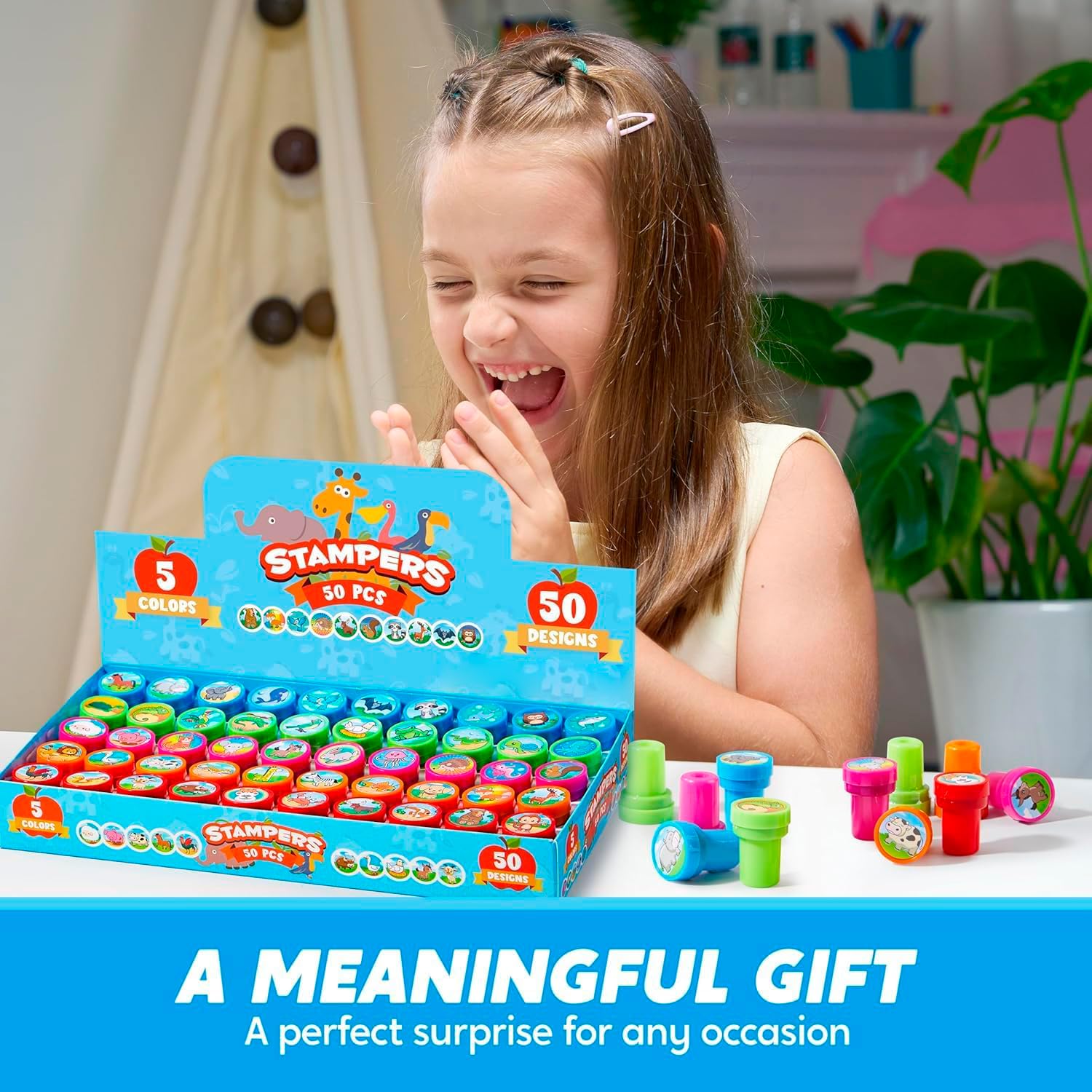 JOYIN 50 Pcs Stamps for Kid, Self-Ink Stamps with 50 Designs for Birthday Party Favor, Carnival Prizes, School Stampers, Goodie Bag