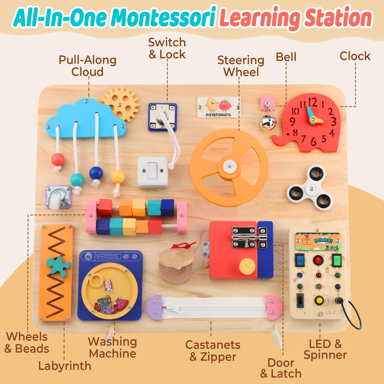 Large Busy Board 20"x16",Montessori Wooden Sensory Toy for Toddlers