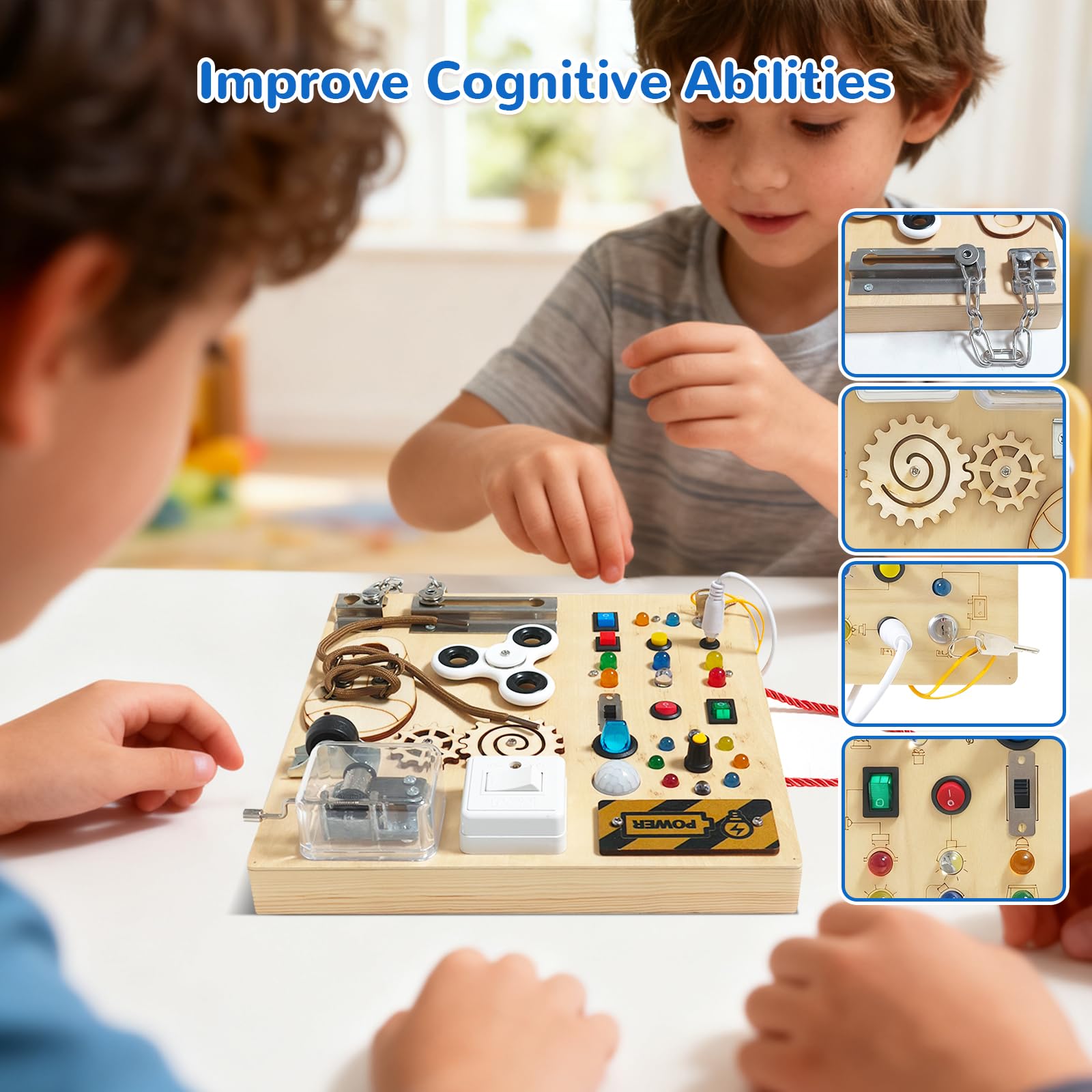 Busy Board, Montessori Toy for 1-4 Years Old, Ideal Gift for 1+ Year Old Children Wooden Toddler Sensory Travel Toy, (Busy Board Plus V3)