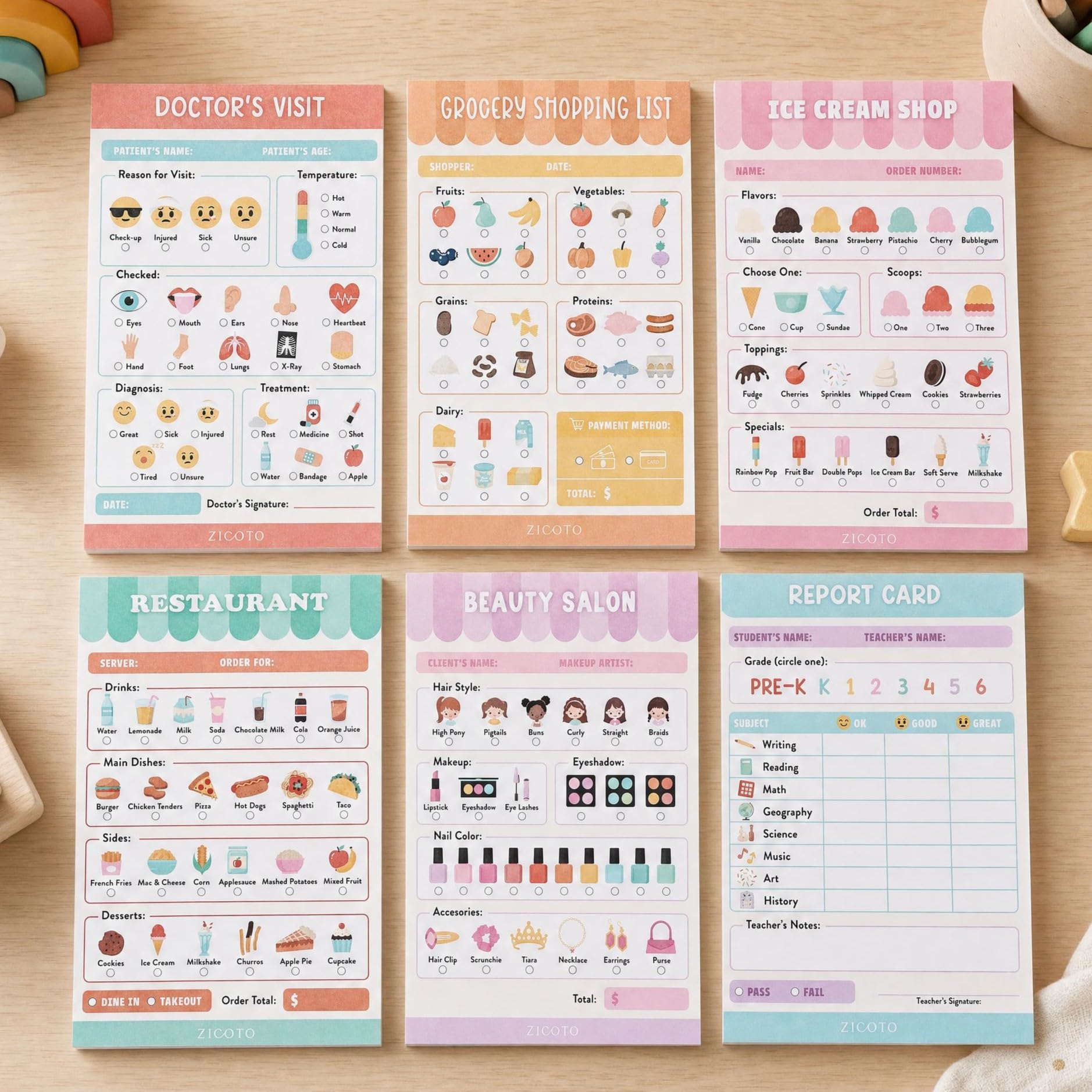 Fun Pretend Play Notepads Kids Love - Set of 6 Themed Pads for Role Play