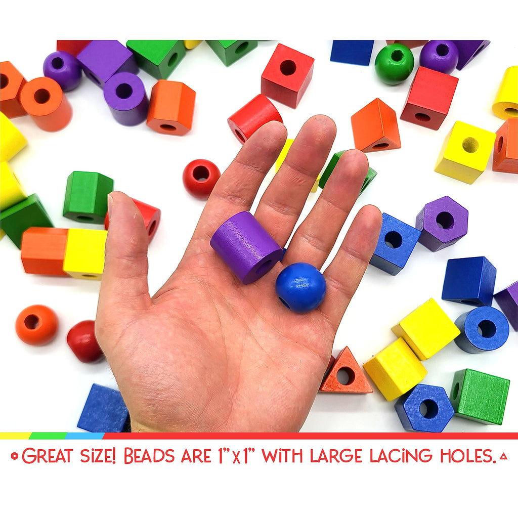 LMC Products Wooden Lacing Beads 125 Pieces, Fine Motor Skills Toys for 3 Year Old, Fine Motor Toys, Lacing Beads for Toddlers