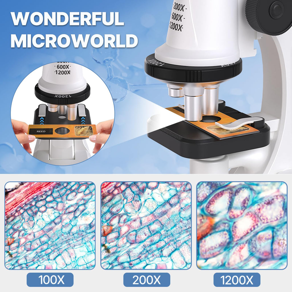 Kids Microscope Kit, 100X-1200X Magnification with LED Light | Durable Metal Body, Slides & Carrying Box | STEM Biology Science Kit, Educational Gift for Children Ages 6-12