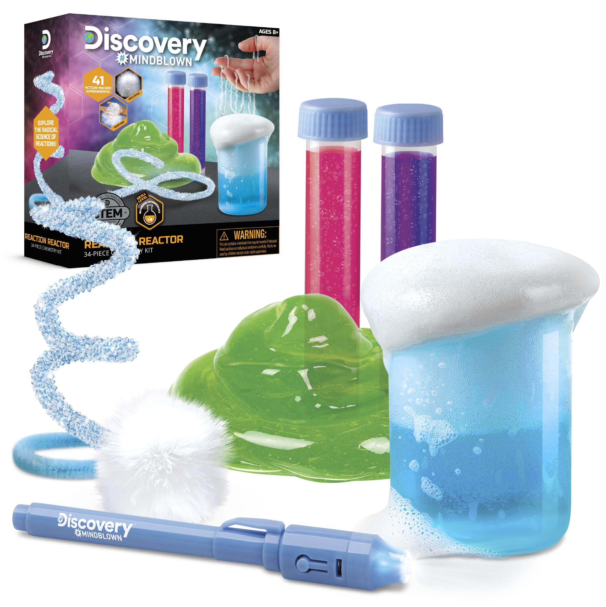 Discovery™ Reaction Lab Chemistry Set – 41 STEM Experiments for Kids| Includes Black Light Pen, Crystal Growing, Slime, Goo| Educational Learning Toy| Science Activity Kit| Boys & Girls Gift| Age 8+
