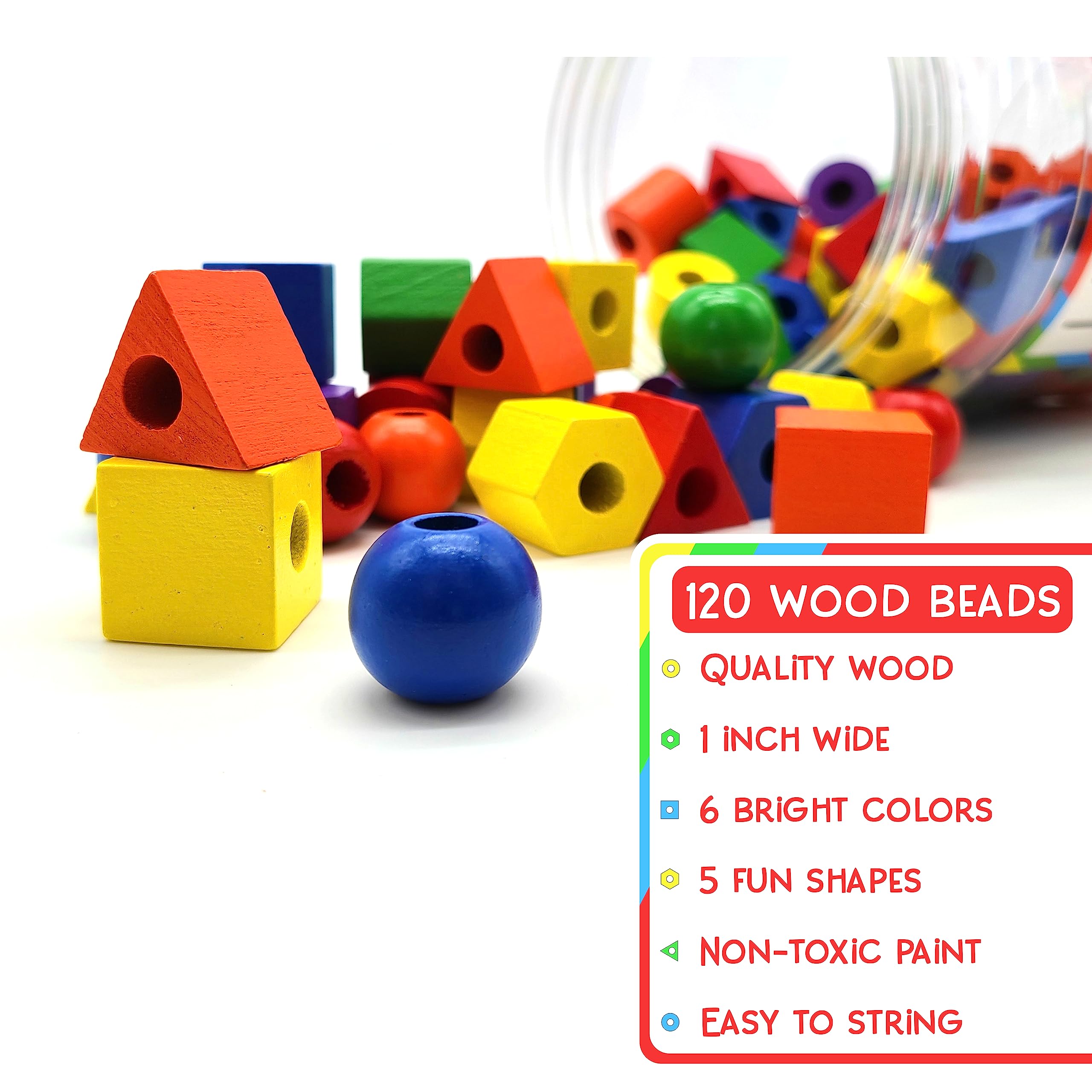 LMC Products Wooden Lacing Beads 125 Pieces, Fine Motor Skills Toys for 3 Year Old, Fine Motor Toys, Lacing Beads for Toddlers