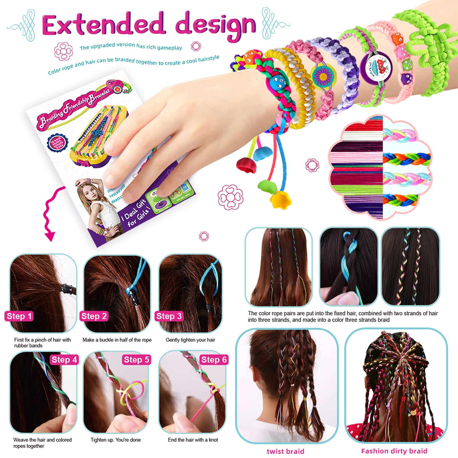 Friendship Bracelet Making Kit, Arts and Crafts String Maker Tool, DIY Bracelet Set, Kids Travel Activity, Ages 7-12 Year Old Girls Gifts