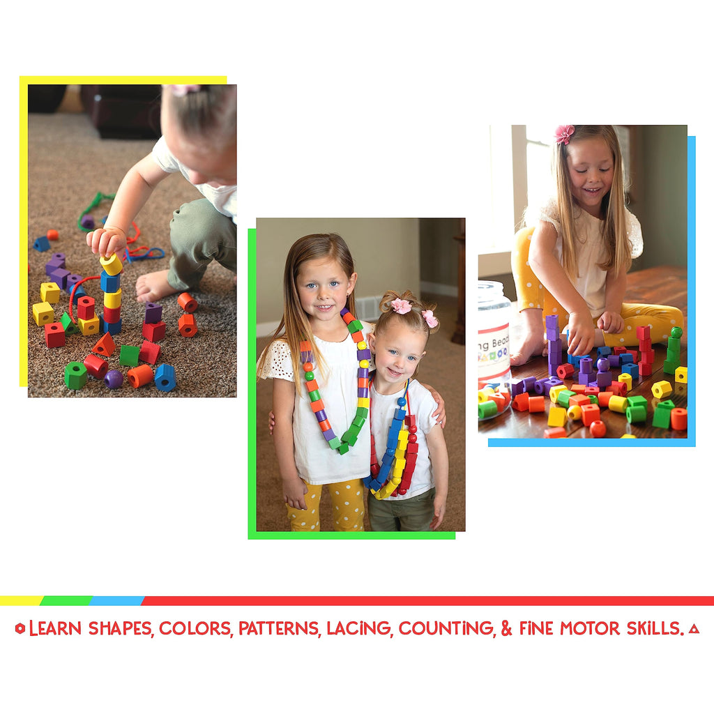 LMC Products Wooden Lacing Beads 125 Pieces, Fine Motor Skills Toys for 3 Year Old, Fine Motor Toys, Lacing Beads for Toddlers