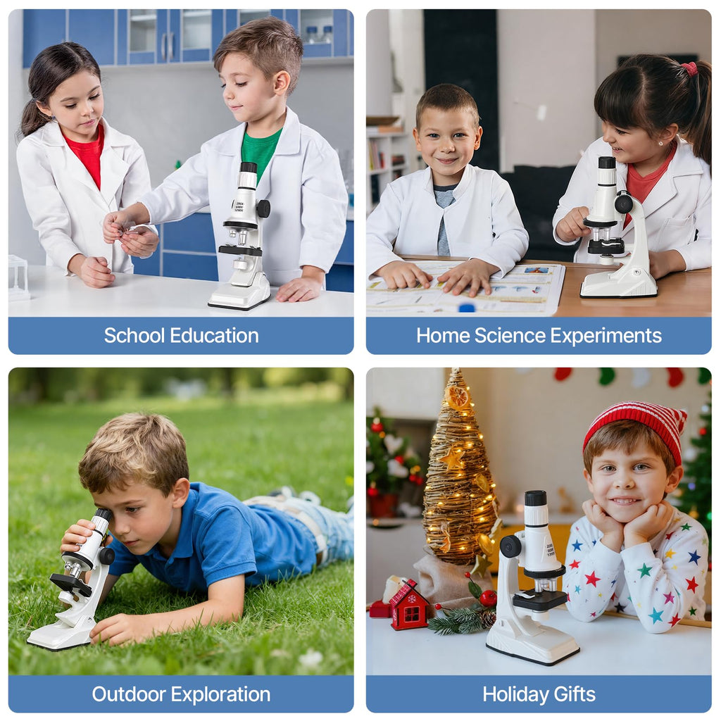 Kids Microscope Kit, 100X-1200X Magnification with LED Light | Durable Metal Body, Slides & Carrying Box | STEM Biology Science Kit, Educational Gift for Children Ages 6-12