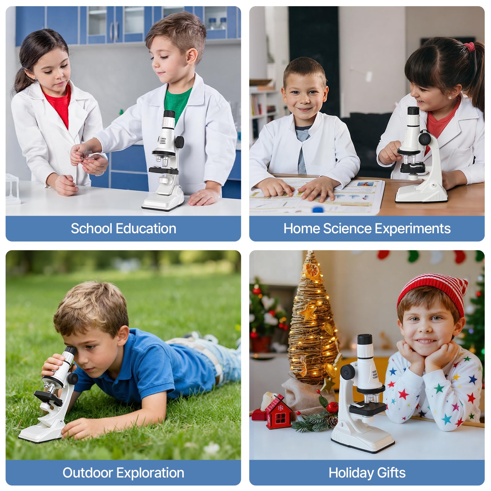 Kids Microscope Kit, 100X-1200X Magnification with LED Light | Durable Metal Body, Slides & Carrying Box | STEM Biology Science Kit, Educational Gift for Children Ages 6-12