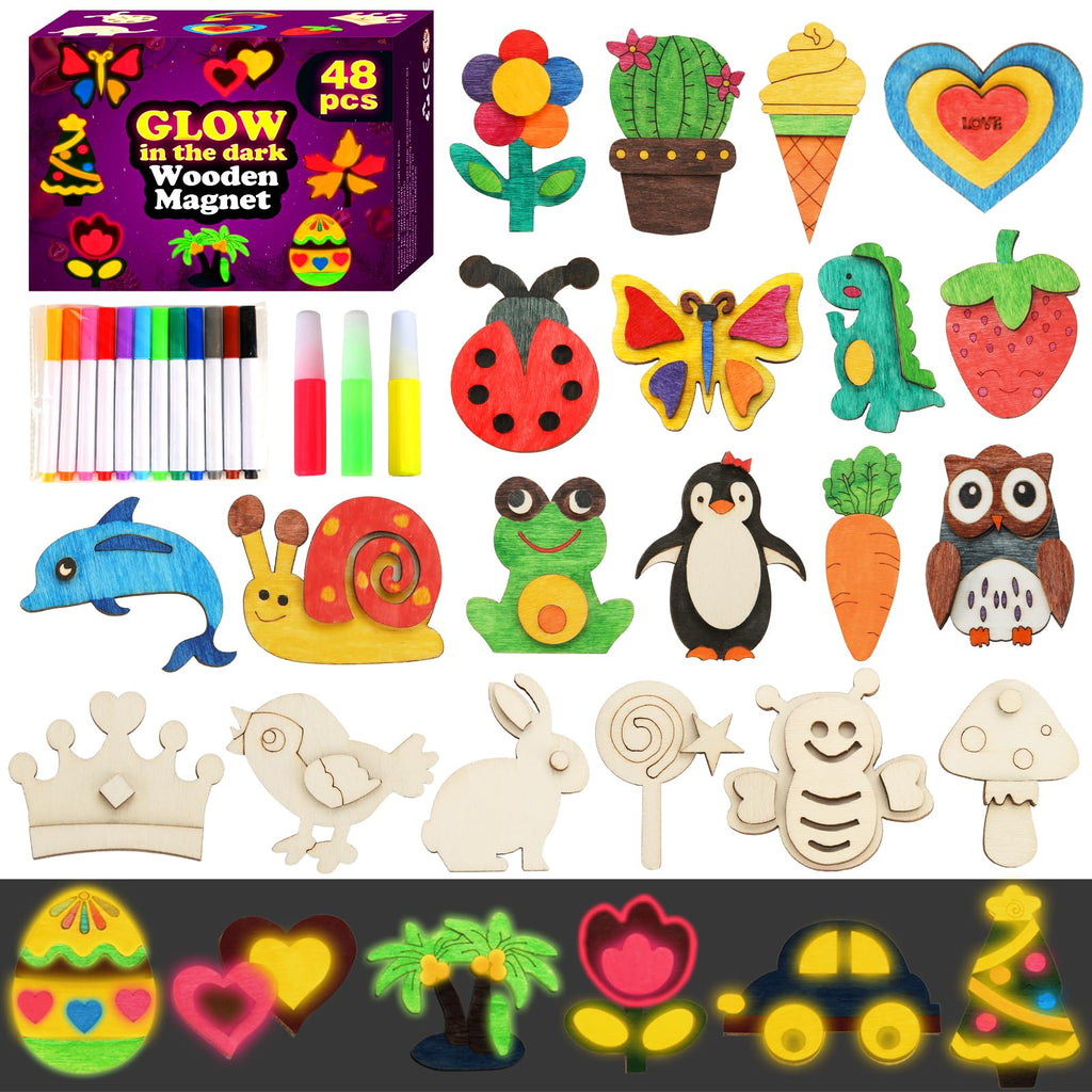 48 Pcs DIY Wooden Magnets, Wooden Art Craft Supplies Painting Kit for Kids