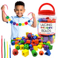 LMC Products Wooden Lacing Beads 125 Pieces, Fine Motor Skills Toys for 3 Year Old, Fine Motor Toys, Lacing Beads for Toddlers