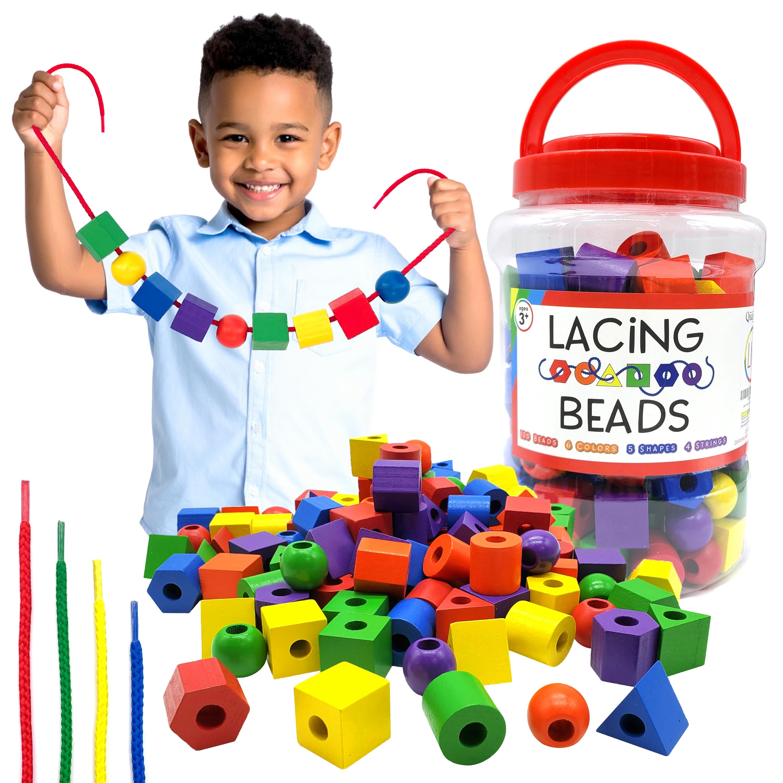 LMC Products Wooden Lacing Beads 125 Pieces, Fine Motor Skills Toys for 3 Year Old, Fine Motor Toys, Lacing Beads for Toddlers