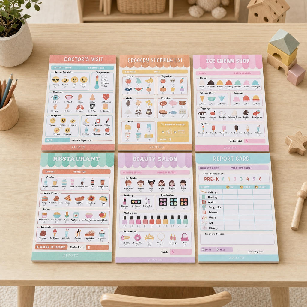 Fun Pretend Play Notepads Kids Love - Set of 6 Themed Pads for Role Play