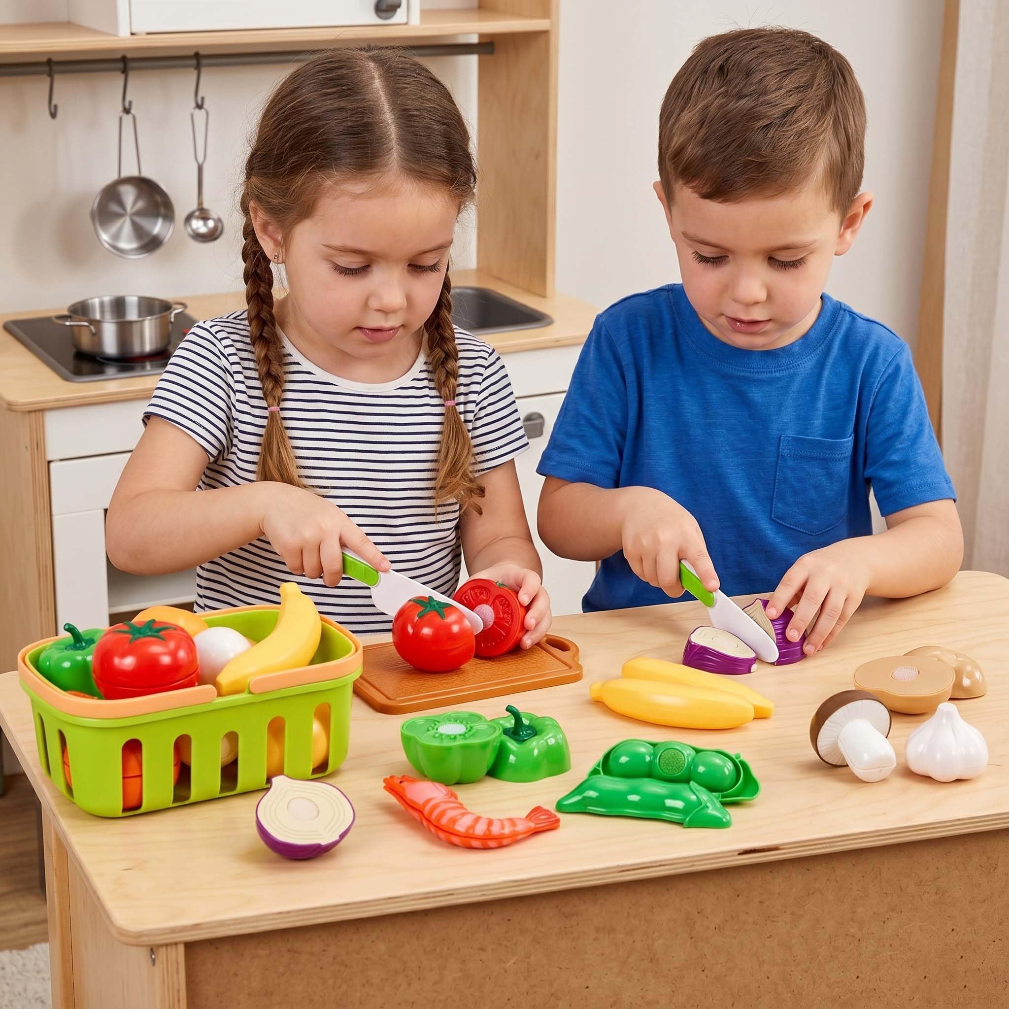 Cutting Play Food Toys, Pretend Play Kitchen Accessories, Fake Fruits/Vegetables Cards, Shopping Storage Baskets, Birthday Gift, Educational Toy for Toddler Children