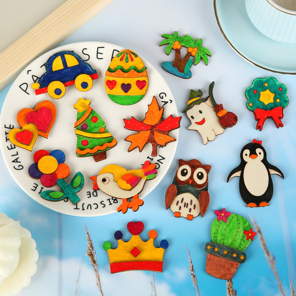 48 Pcs DIY Wooden Magnets, Wooden Art Craft Supplies Painting Kit for Kids