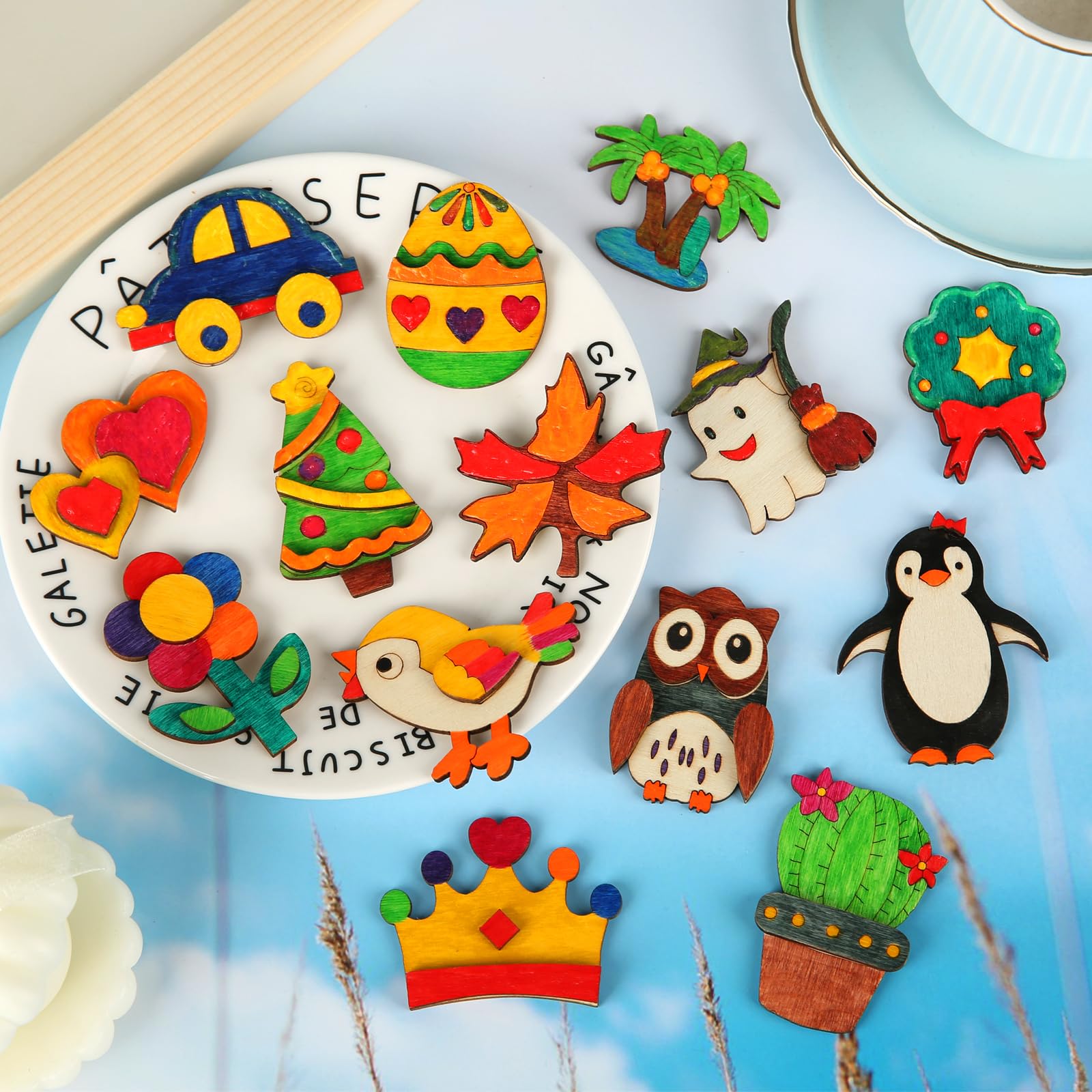 48 Pcs DIY Wooden Magnets, Wooden Art Craft Supplies Painting Kit for Kids