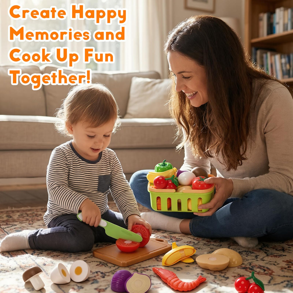 Cutting Play Food Toys, Pretend Play Kitchen Accessories, Fake Fruits/Vegetables Cards, Shopping Storage Baskets, Birthday Gift, Educational Toy for Toddler Children
