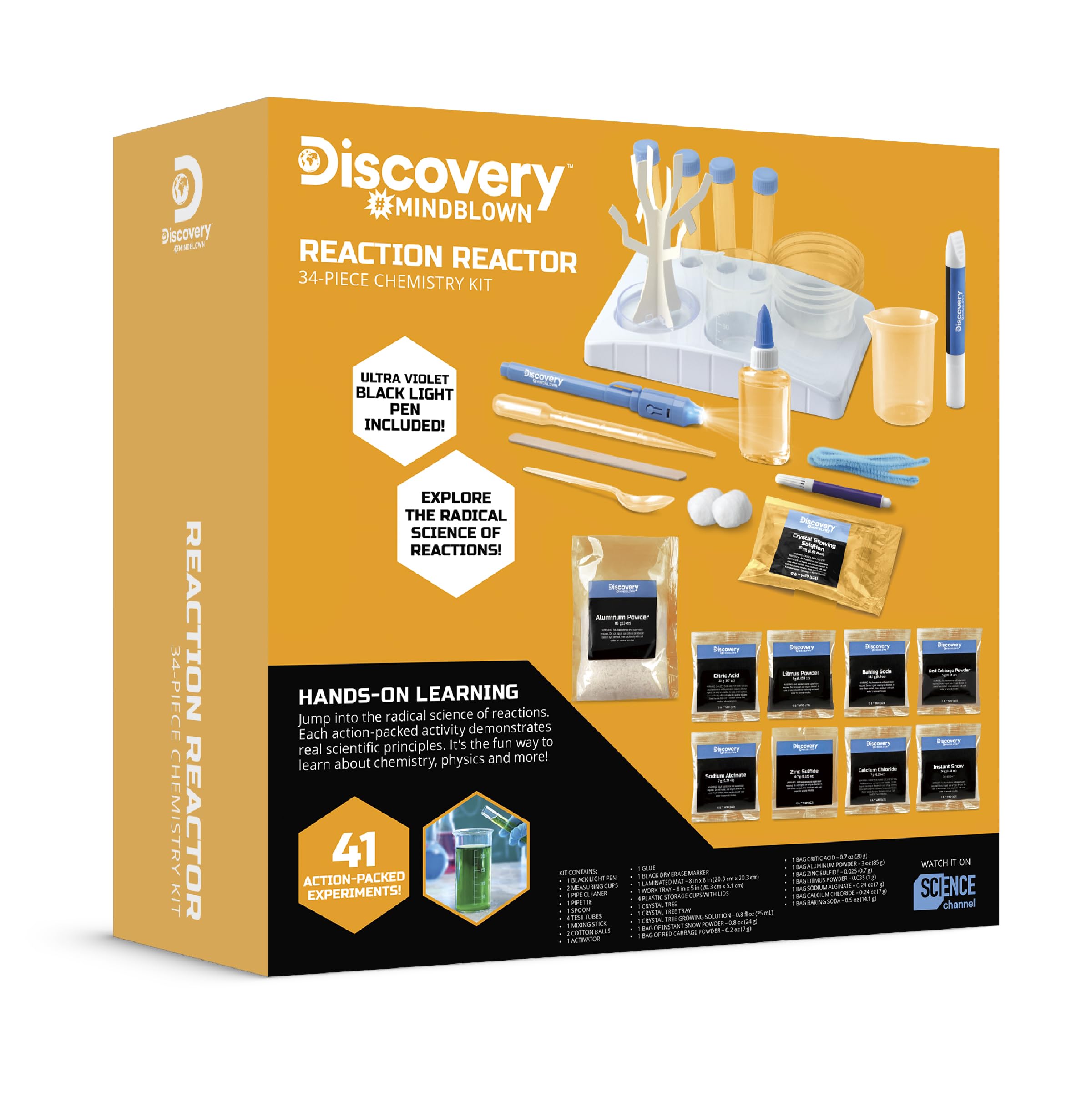 Discovery™ Reaction Lab Chemistry Set – 41 STEM Experiments for Kids| Includes Black Light Pen, Crystal Growing, Slime, Goo| Educational Learning Toy| Science Activity Kit| Boys & Girls Gift| Age 8+