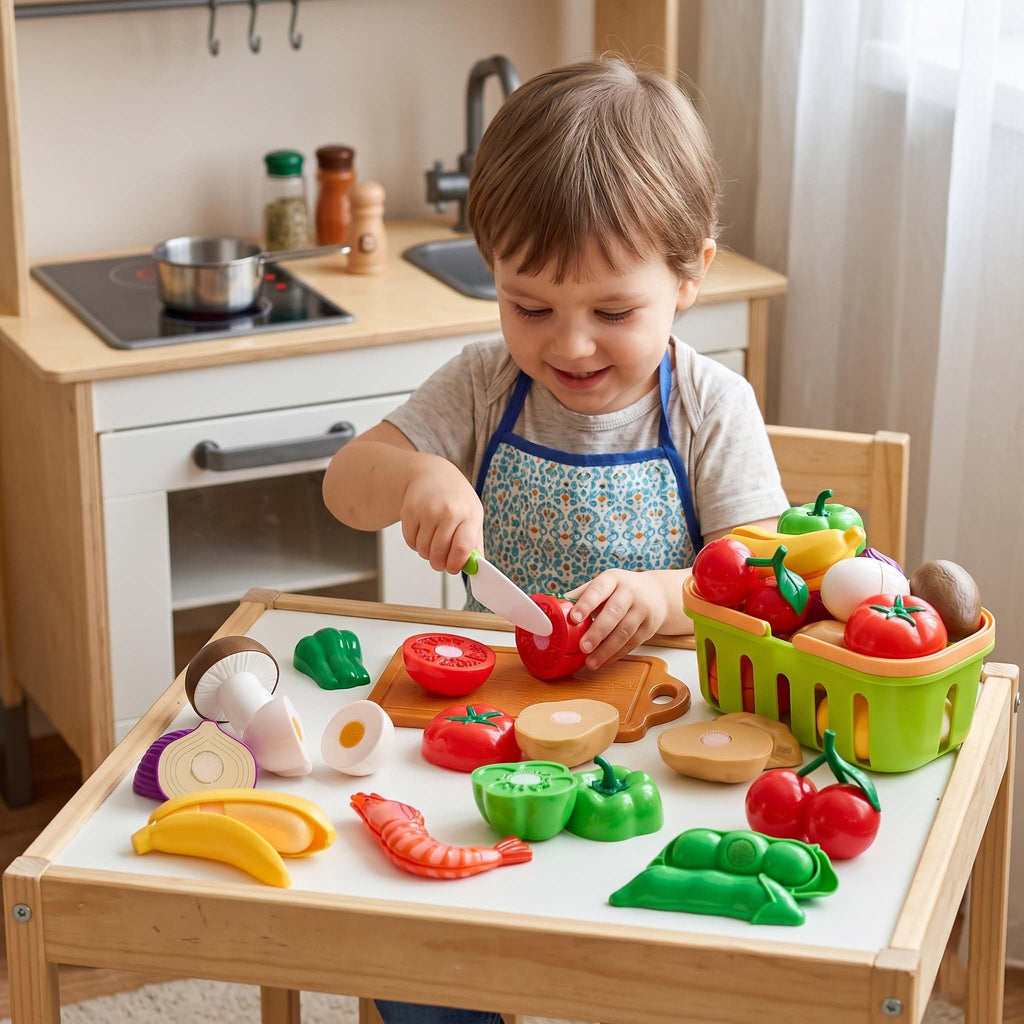Cutting Play Food Toys, Pretend Play Kitchen Accessories, Fake Fruits/Vegetables Cards, Shopping Storage Baskets, Birthday Gift, Educational Toy for Toddler Children