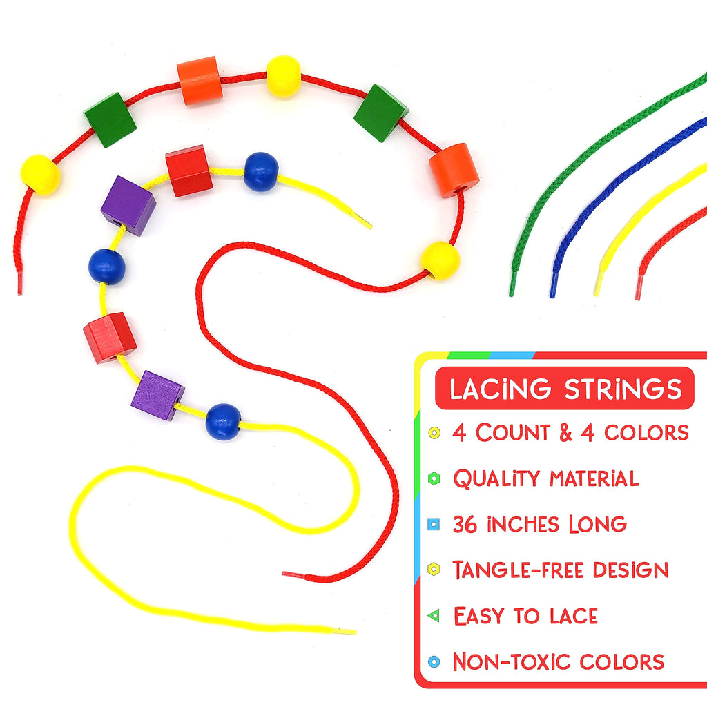 LMC Products Wooden Lacing Beads 125 Pieces, Fine Motor Skills Toys for 3 Year Old, Fine Motor Toys, Lacing Beads for Toddlers