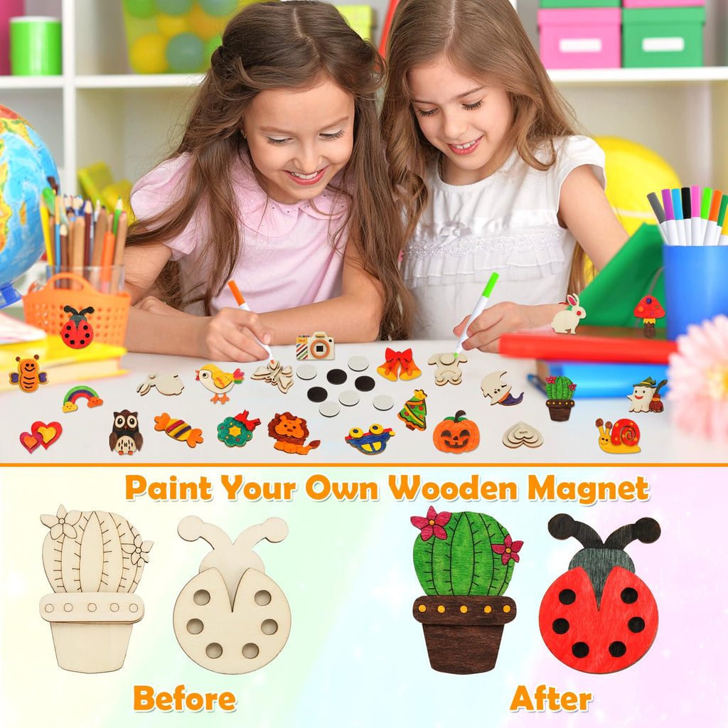 48 Pcs DIY Wooden Magnets, Wooden Art Craft Supplies Painting Kit for Kids